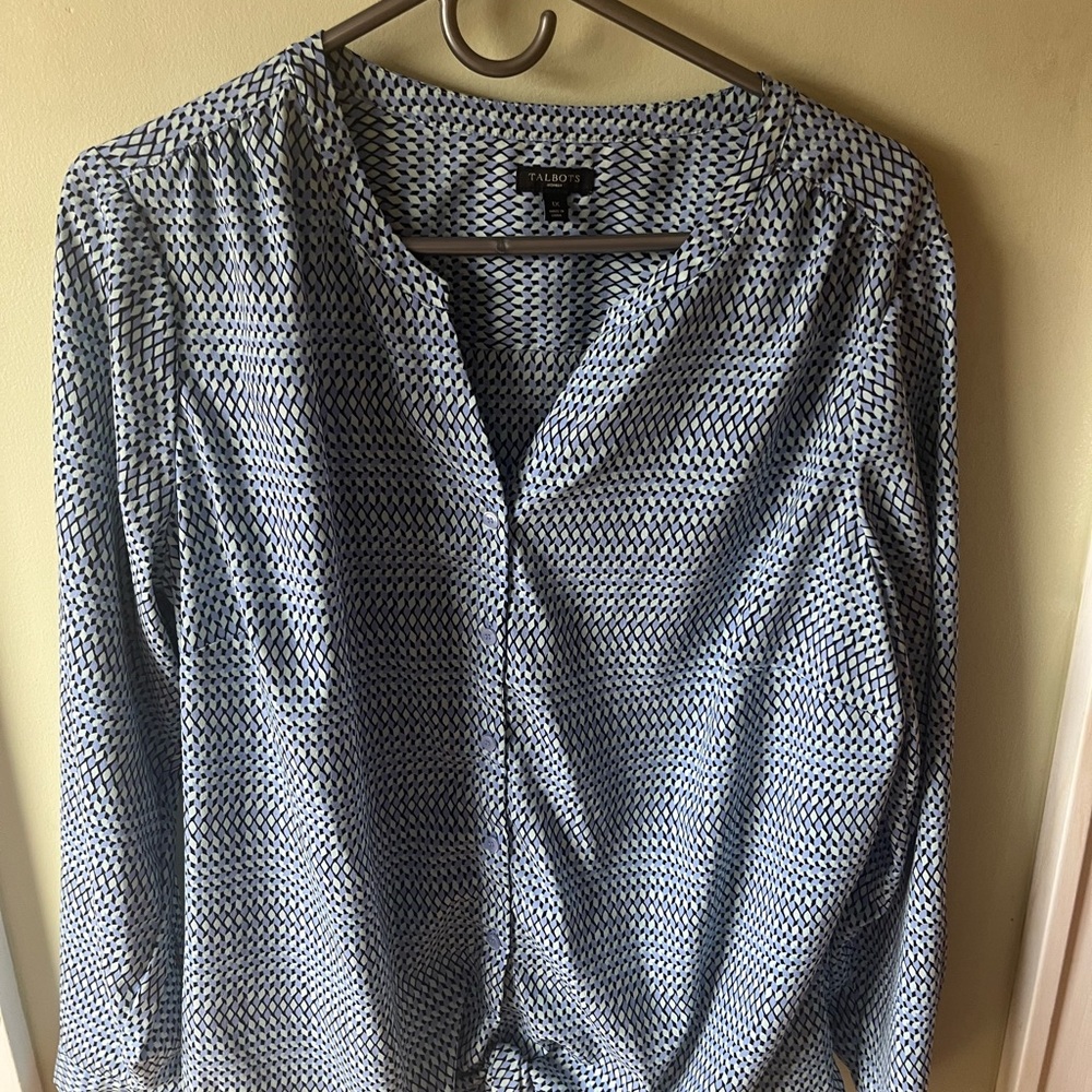 Talbots Navy and Light Blue Geometric Button-Front Blouse